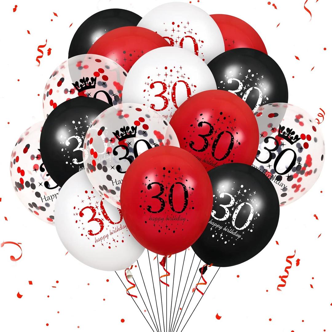 30th Latex Birthday Balloons, 16Pcs Red Black Happy 30th Birthday Balloons, Red Black 30th Birthday Party Decorations Balloons for Women Men 30th Birthday, Anniversary Decor