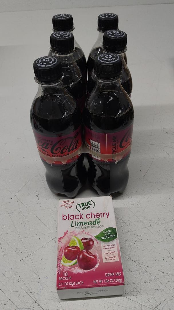 Set of 2: Coca-Cola Zero Sugar Cherry Diet Soda Soft Drink, 16.9 fl oz, 6 Pack (Best By: Sep 01 2025) + TRUE LIME Black Cherry Limeade Drink Mix (10 Packets) (Best By: 03/21/26)