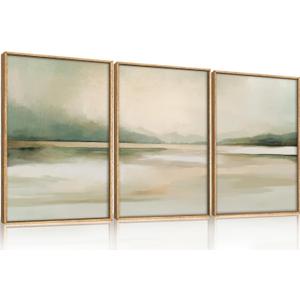 Large Abstract Sage Green Pastel Framed Canvas Wall Art Set,Minimalist Neutral Landscape Wall Decor,Modern Watercolor Mountain Lake Artwork for Living Room,Bedroom-16 x24 x3