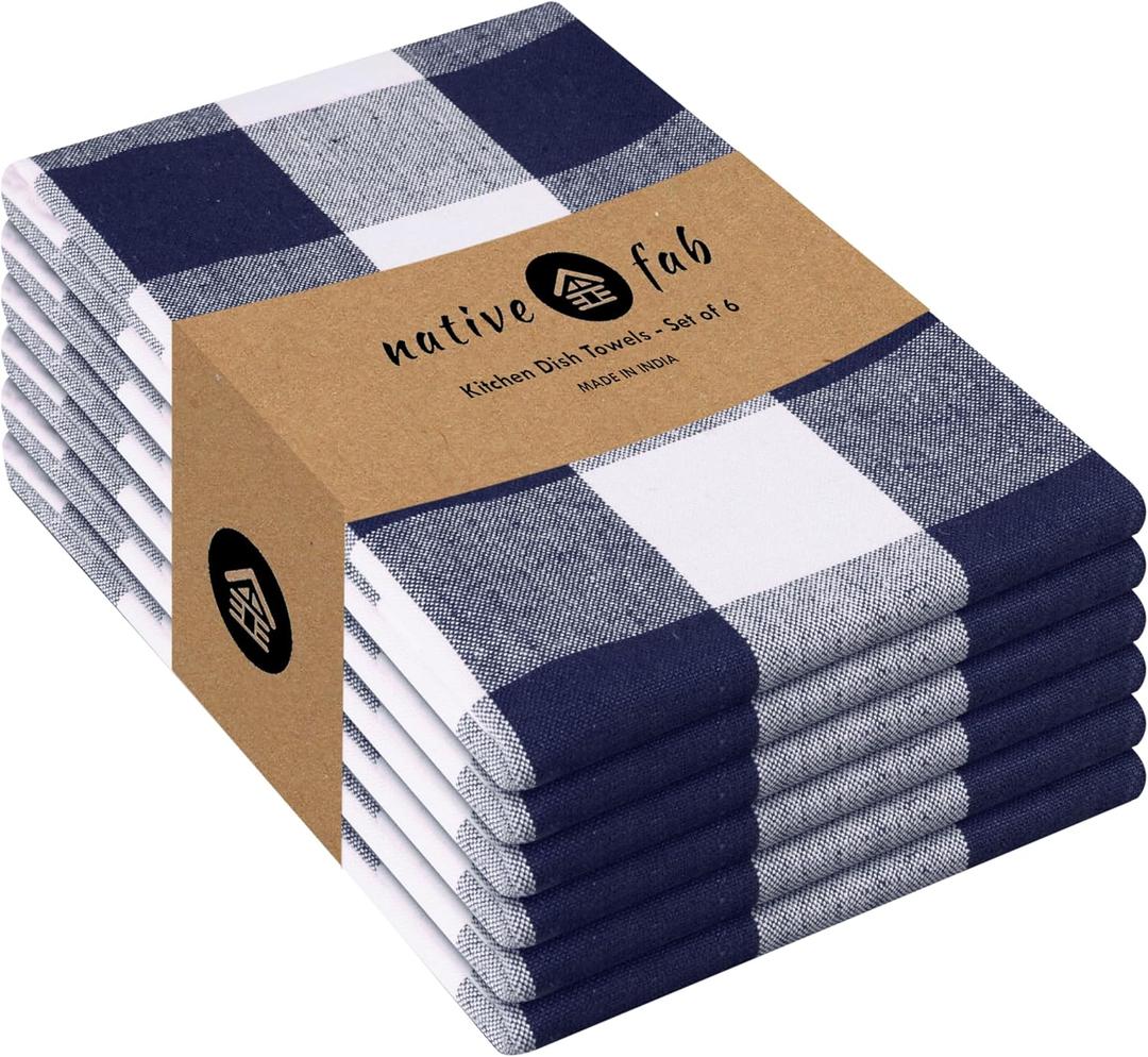 Native Fab 6-Pack Kitchen Towel with Hanging Loop 16x26 inches, Cotton Buffalo Check Kitchen Towels for Cleaning Drying, Washcloths Soft & Absorbent Cloth Rags, Bar Towel, Dish Cloth, Navy