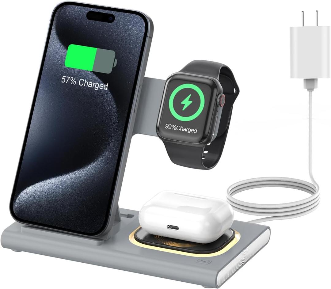 3 in 1 Foldable Charging Station for Apple Products,Fast Wireless Charger Travel Dock Adapter&Light for iPhone 16/15/14/13/12/11/X/XS,for iWatch 10/9/8/7/Ultra2/Ultra,for AirPods 4/3/2/Pro/2(Gray)