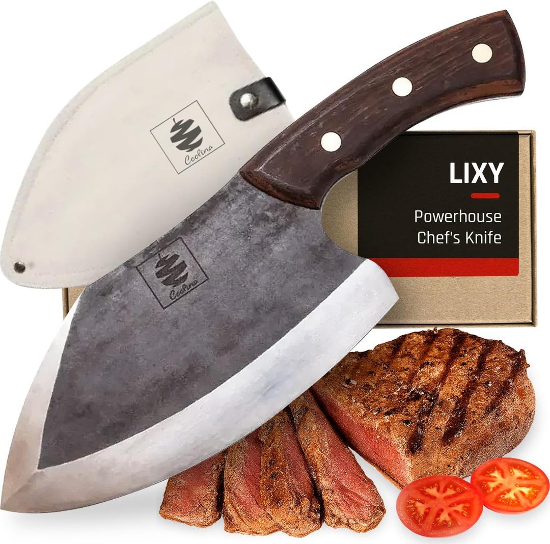 COOLINA Lixy Cleaver Chef Knife, 8.7-in Hand-forged High Manganese Clad Steel, Full Tang Butcher Knife, Razor Sharp Kitchen Knife for Camping, Outdoor Cooking, Slicing, Cutting Meat