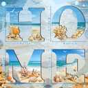 Honoson 4 Pcs Blue Ocean Beach Wall Art Decor Summer Coastal Aesthetic Wood Home Letters Sign Hanging Blue Seaside Art Rustic Seashell Starfish Sea Life for Decorative Bedroom Living Room Kitchen Home