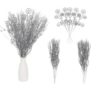 20PCS Glitter Artificial Curly Berry Stems Ornaments Fake Christmas Candy Picks Decorative Glitter Sticks Branches Combo Set for Xmas Tree Wreath Crafts Vase Filler Home Decor (Silver)