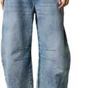 Allimy Womens Jeans High Waisted Mid Rise Baggy Loose Fit Ankle Barrel Leg Y2K Boyfriend Horseshoe Cropped Wide Leg Jeans for Women Trendy 2025 Denim Capri Pants Women Blue Size 2