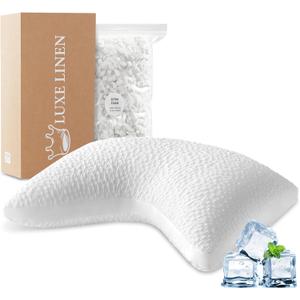 Cooling Side Sleeper Pillow for Neck and Shoulder Support, Ergonomic Curved Crescent Gusseted Luxury Shredded Memory Foam( CertiPUR-US Certified ) with Extra Fill, Cool & Soft Cover, White Standard