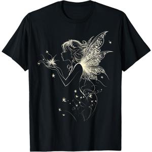 Fairy Mythical Motif Fantasy Illustration Fairy T-Shirt, Black, Small Ladies Size