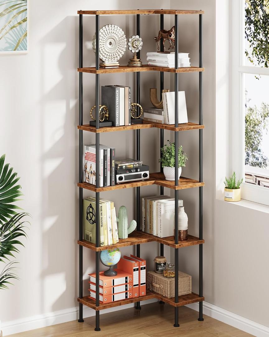 HIGDBFE 6-Tier L-Shaped Corner Bookshelf, 67" Tall Modern Corner Shelf