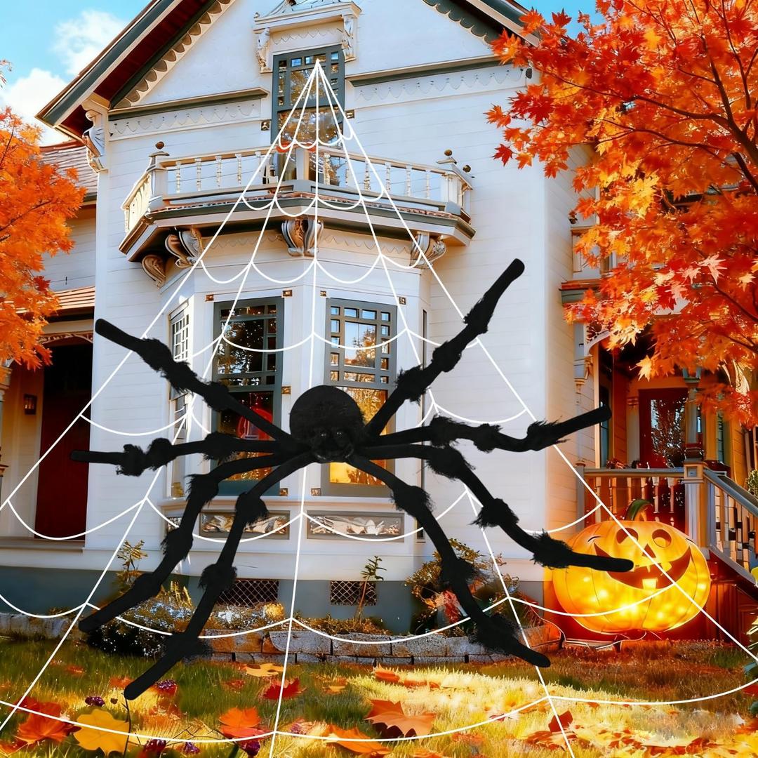 Seasons Giant 30" Posable Spider with Mega Yard Web Outdoor Halloween Decoration, 23 x 18 Feet Web