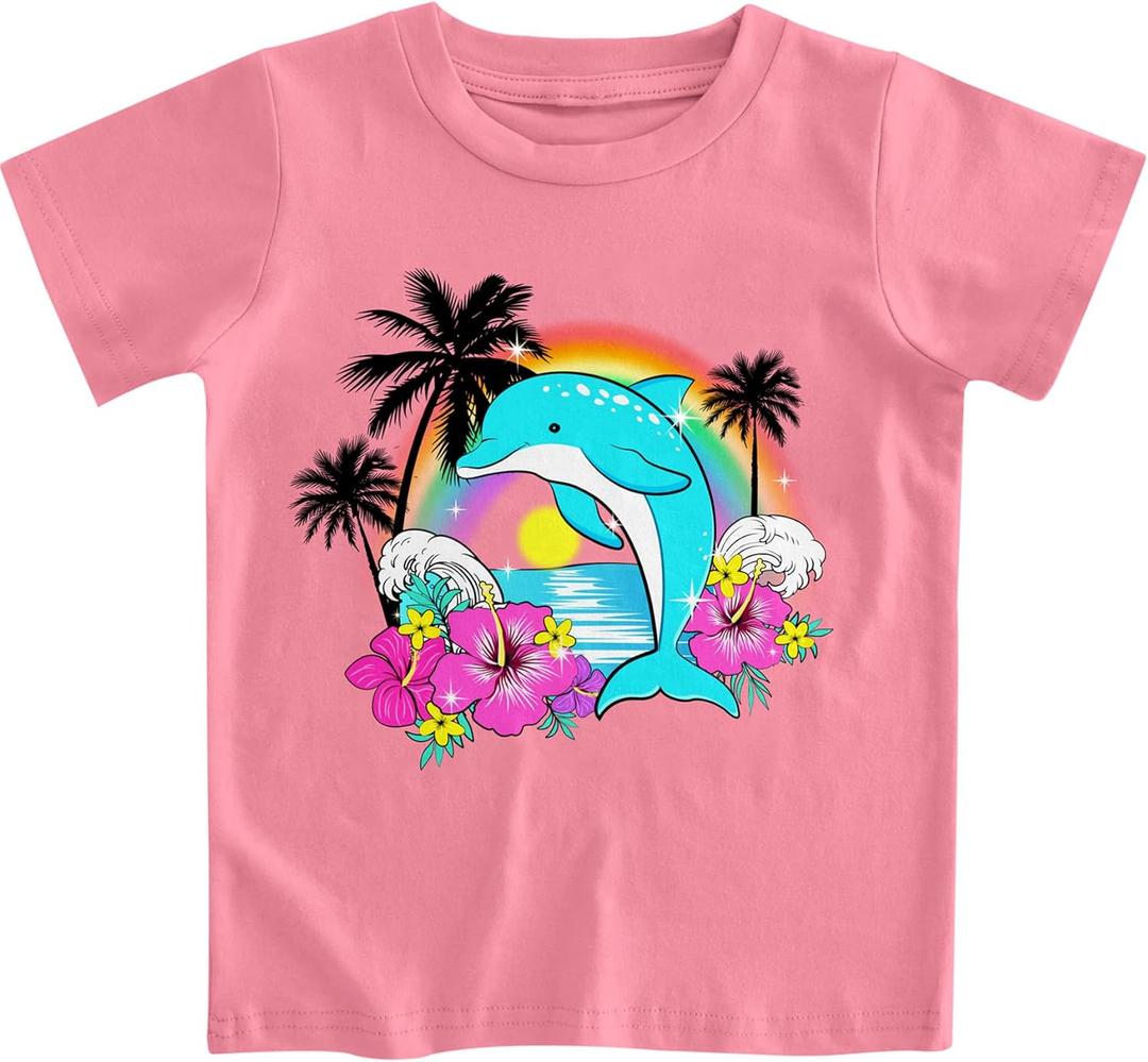 RAISEVERN Girls Clothes Cute Graphic Shirts Kids Short Sleeve T-Shirt Ocean Tee Tops Outifits, Size: 3-4T (Coral Blue)