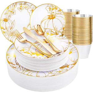 PULOTE 150PCS Thanksgiving Plastic Dinnerware Set - Gold Plastic Plates Disposable Includes 25 Dinner / 25 Dessert Plates, 25 Knives,25 Forks,25 Spoons, 25 Cups for Party