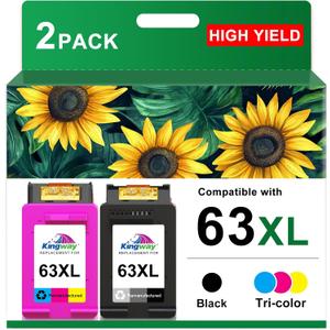 KINGWAY 63XL Ink Cartridge Black and Color Combo Pack Replacement for HP 63 63XL Printers Work for HP OfficeJet 3830 4650 5255 5258 5200 Envy 4520 4512 4510 DeskJet 1112 2130 3630 (2 Pack)