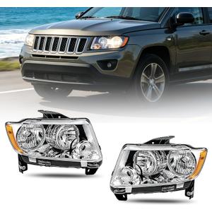 Pair Headlights Assembly Compatible with 2011-2013 Jeep Grand Cherokee & 2011-2017 Jeep Compass White Halogen Headlights Headlamps Driver and Passenger Side