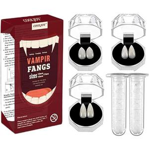 COOLJOY 3 Sizes Vampire Fangs Teeth with Adhesive Halloween Cosplay Props White Horror False Teeth Props Party Favors Masquerade Accessories Gift