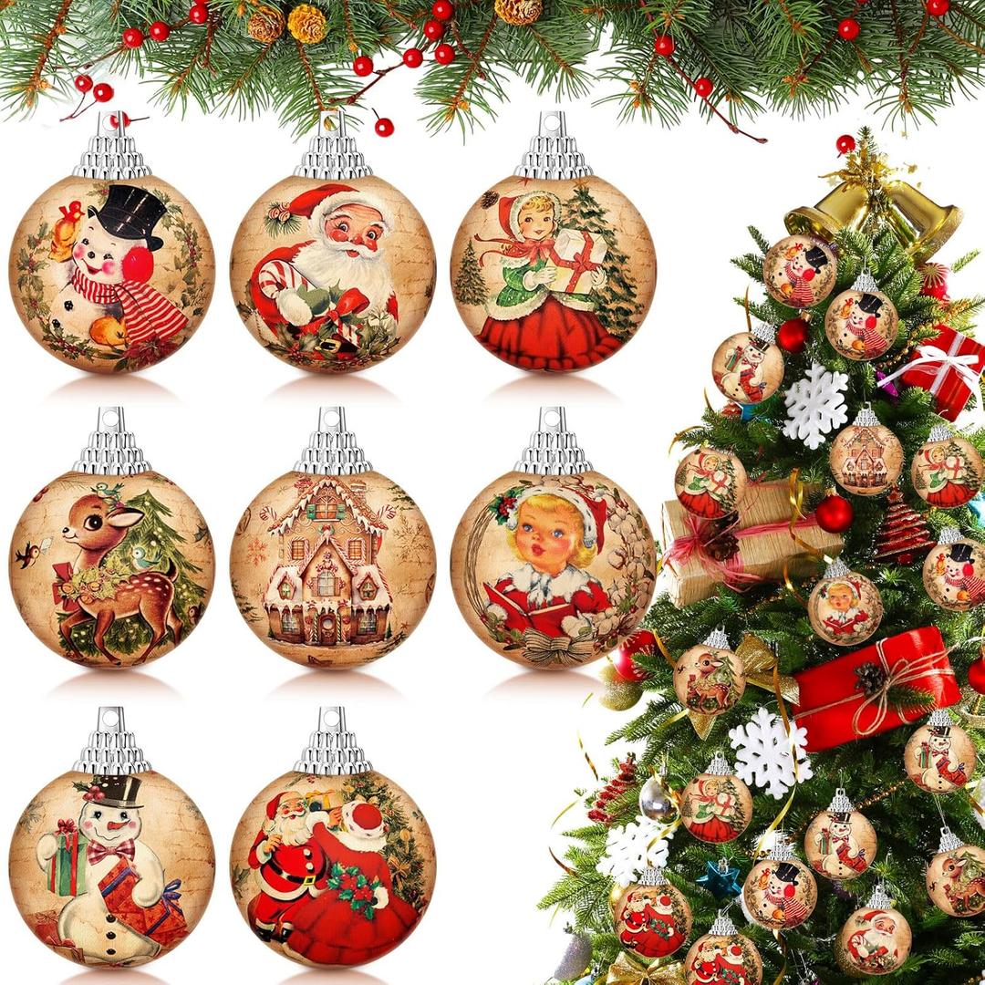 Outus 16 Pcs Christmas Tree Ball Ornaments Vintage Christmas Decorations for Tree Colorful Xmas Decorative Santa Claus Snowman Hanging Ball for Farmhouse Home Fireplace Decor Holiday Party Favors