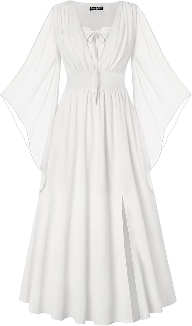 SCARLET DARKNESS Renaissance Dress Women Bell Sleeve Fairy Dresses Witch Costume Split Maxi Dress with Pockets, Size: S