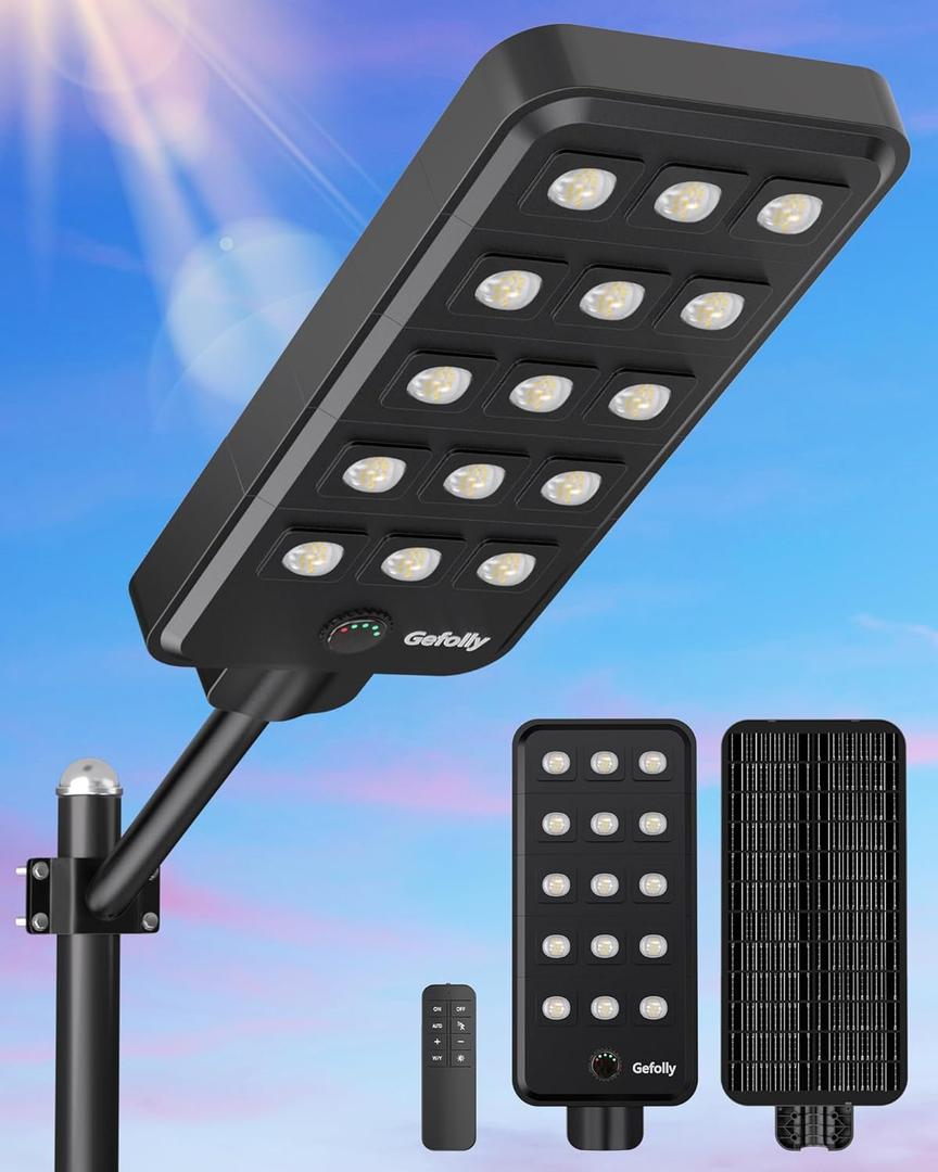 Gefolly G-15000W Solar Street Light Outdoor, Wide Angle Commercial Parking Lot Light Dusk to Dawn 6500K IP67 Flood Security with Motion Sensor Lamp for Yard, Basketball Court