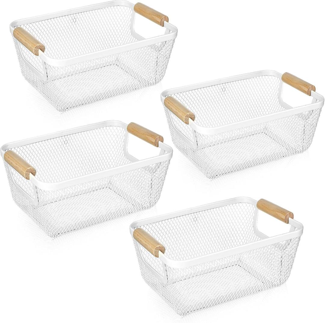 Ziliny 4 Pcs Metal Wire Basket with Wooden Handles Mesh Steel Storage Organizer Bin Containers for Home Organizing Cabinet Pantry Closet Kitchen Fridge Fruit Makeup Snacks Gifts(Small,Cream White)