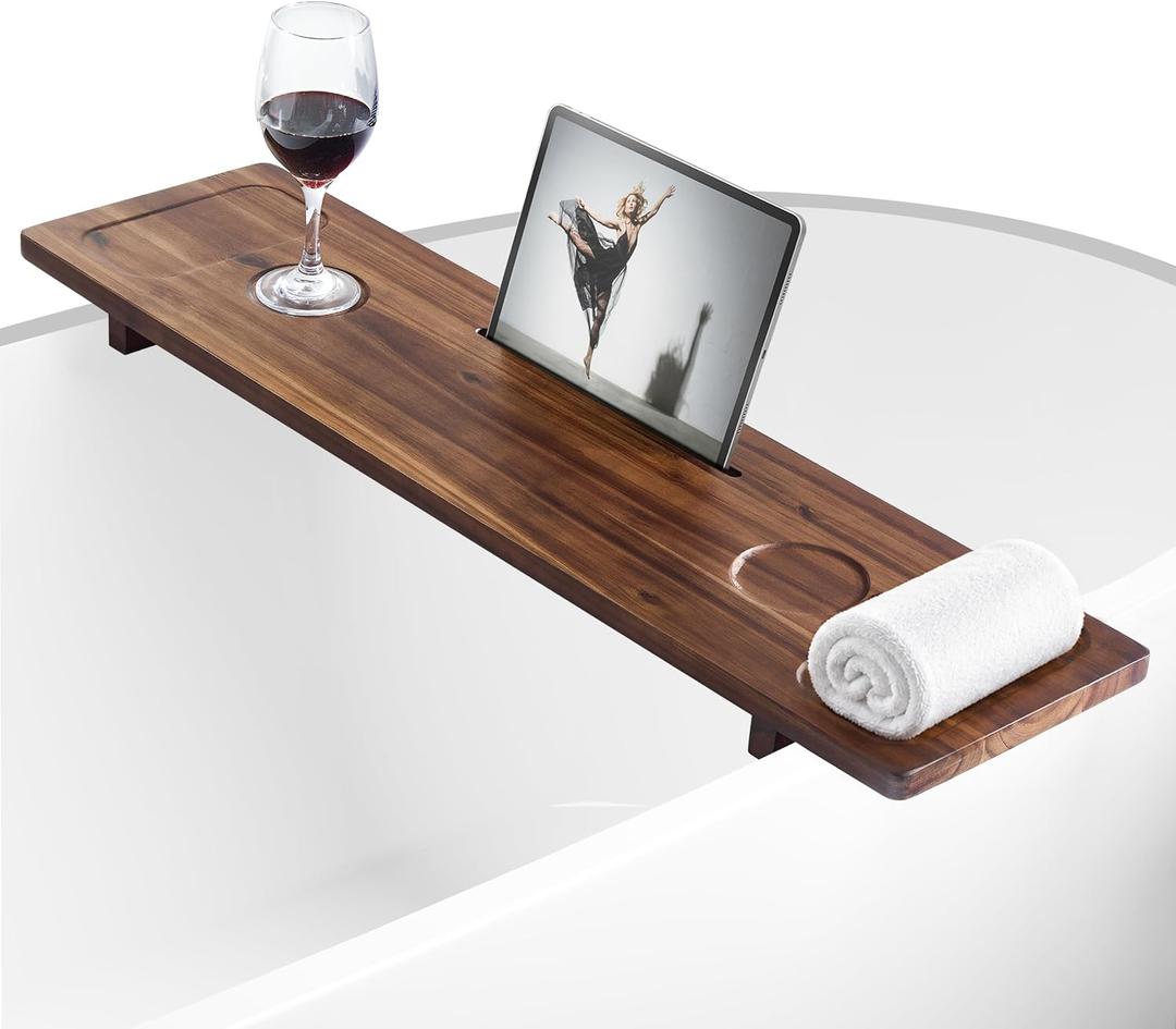 Acacia Wood Bathtub Caddy Tray 34.6" Adjustable Bath Tray for Tub | Bathtub Tray With Non-Slip Grip, Water-Resistant Wood & Stable Expandable Design Keeps Bath Essentials Secure & Within Reach