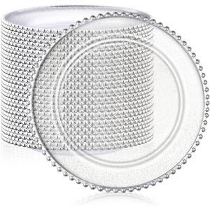 Hoolerry 50 Pack Clear Charger Plates Bulk 13 Inch Plastic Round Beaded Dinner Chargers Acrylic Frosted Grain Decorative Service Plates for Wedding Party Event, Home and Kitchen Tabletop (Silver)
