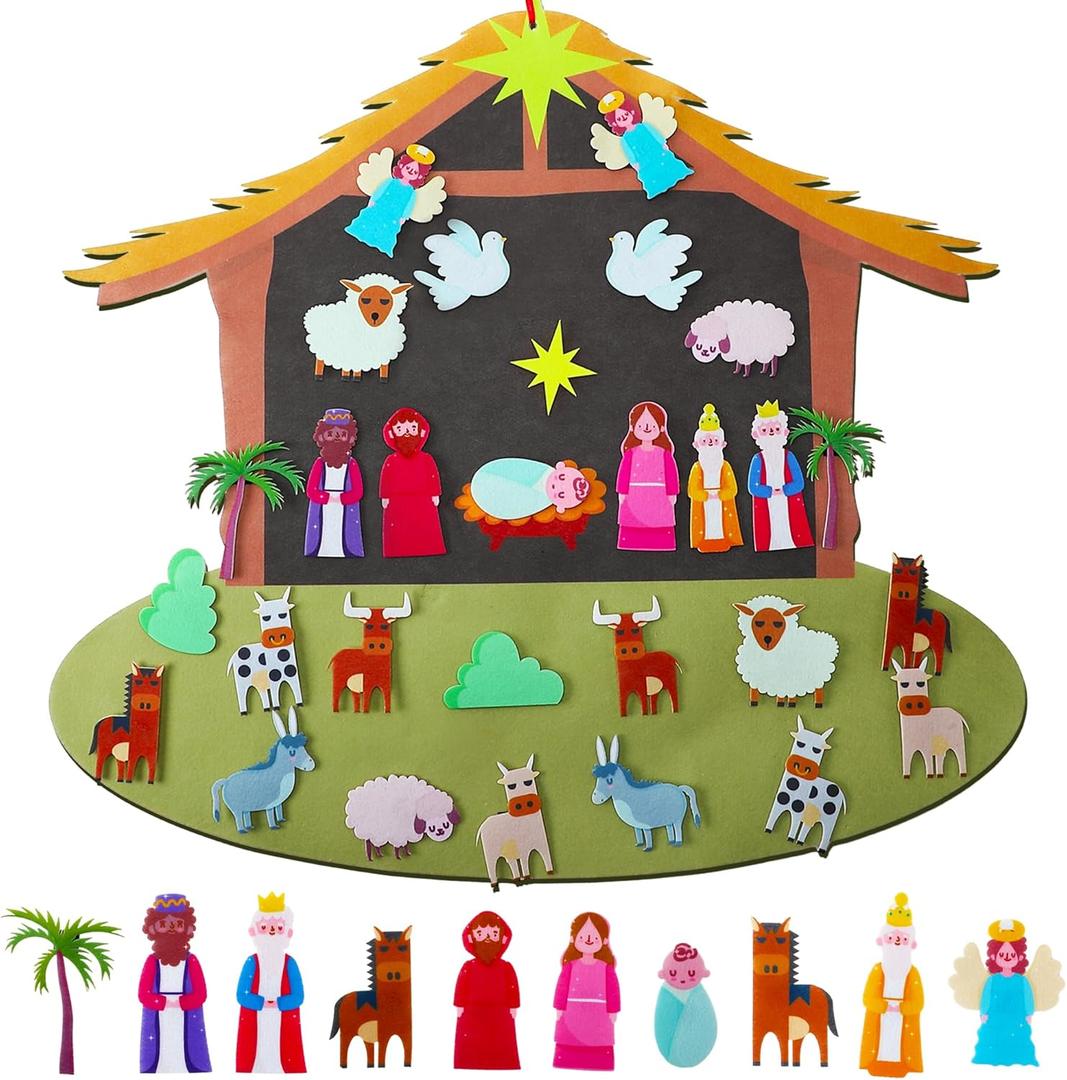 Enhon DIY Felt Christmas Tree Set, Felt Nativity Advent with 29 Pcs Detachable Ornaments, Christmas Door Wall Hanging Decor