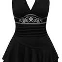 SOLY HUX Women's Summer Halter Backless Mini Dress Flowy Sleeveless V Neck Tie Back A Line Western Casual Sun Dresses (Large, Black Printed)