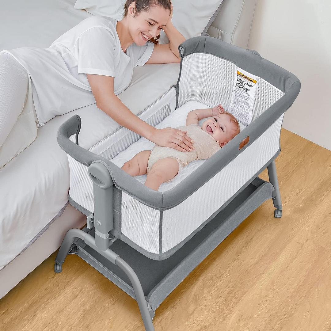 BabyBond Baby Bassinet, 3 in 1 Bassinet Bedside Sleeper with Washable Soft Mattress and Sheet, 6 Height Adjustable Bedside Crib, 4-Sided Mesh Bedside Bassinet for Baby (Grey)