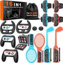 Switch 2 Sports Accessories Bundle  16 in 1 Family Party Kit for Nintendo Switch 2 Only, with Golf Clubs, Tennis Rackets, Steering Wheels, Wrist & Leg Straps, Grips, Card Case & Storage Bag