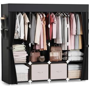 Mavivegue Clothes Organizer with 4 Hanging Rods, Portable Closet Wardrobe, Non-Woven Fabric Cover, Large Capacity Storage for Bedroom and Living Room,Black, 67" W x 17" D x 67" H