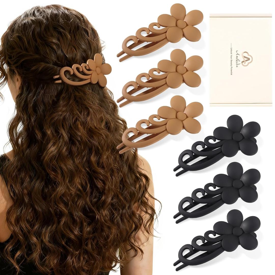 Medium Flat Hair Clips for Fine Thin Hair, Cute Flower Claw Clips for Women for Hawaiian Vacation, 6 Pcs (Black, Brown)