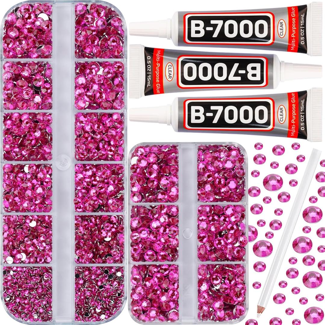 b-7000 Glue on 7500Pcs Hot Pink Rhinestones Flatback for Crafts Clothing Clothes Fabric Shoes Jerseys, Crystals Diamonds Gems Flat Back Rhinestone Kit Multi Sizes SS 6 to SS 20 (Small Pack + 3pcs Glue)