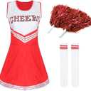 Women's Cheerleader Costume Outfit Cheer Dress with Pom Poms & Retro Striped Socks for Halloween Sports Events Theme Parties (Red, XXL)