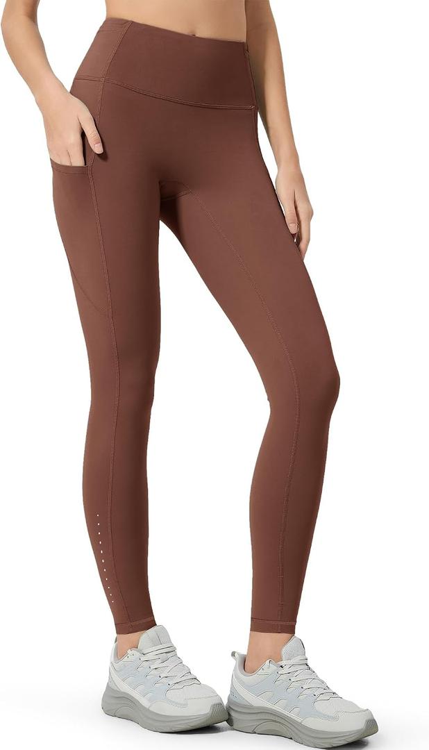 AOPREL High Waisted Yoga Pants with Pockets – Tummy Control Compression Leggings for Women, Running, Gym, Lounge (Brown)