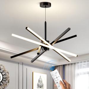 Modern Sputnik Chandelier Ceiling 82W LED Gold Pendant Light Embedded Mount Chandeliers Dining Room Light Fixtures Over Table Dimmable with Remote Control for Living Room Kitchen Bedroom 31.5 inches (Black)