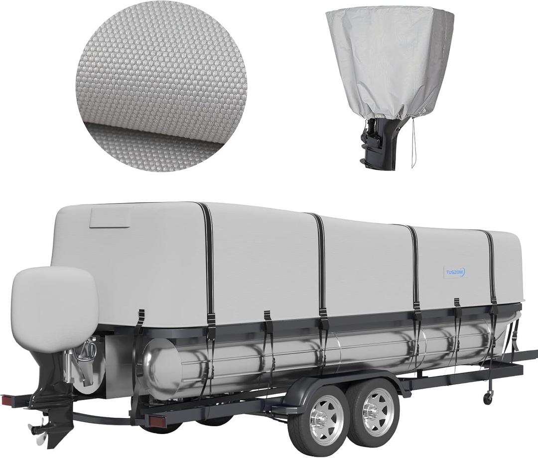 Heavy Duty 1200D Solution-Dyed Trailerable&Mooring Boat Cover with 16-18 Windproof Straps,Waterproof Tear-Resistant Boat Cover with Motor Cover (Gray, Length:21'-24' Beam Width: up to 102")