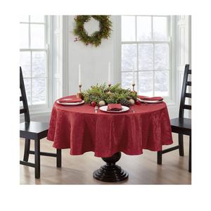 Elrene Home Fashions Poinsettia Elegance Jacquard Christmas/Holiday Wrinkle Resistant Dining Tablecloth, 90"X90" Round, Red
