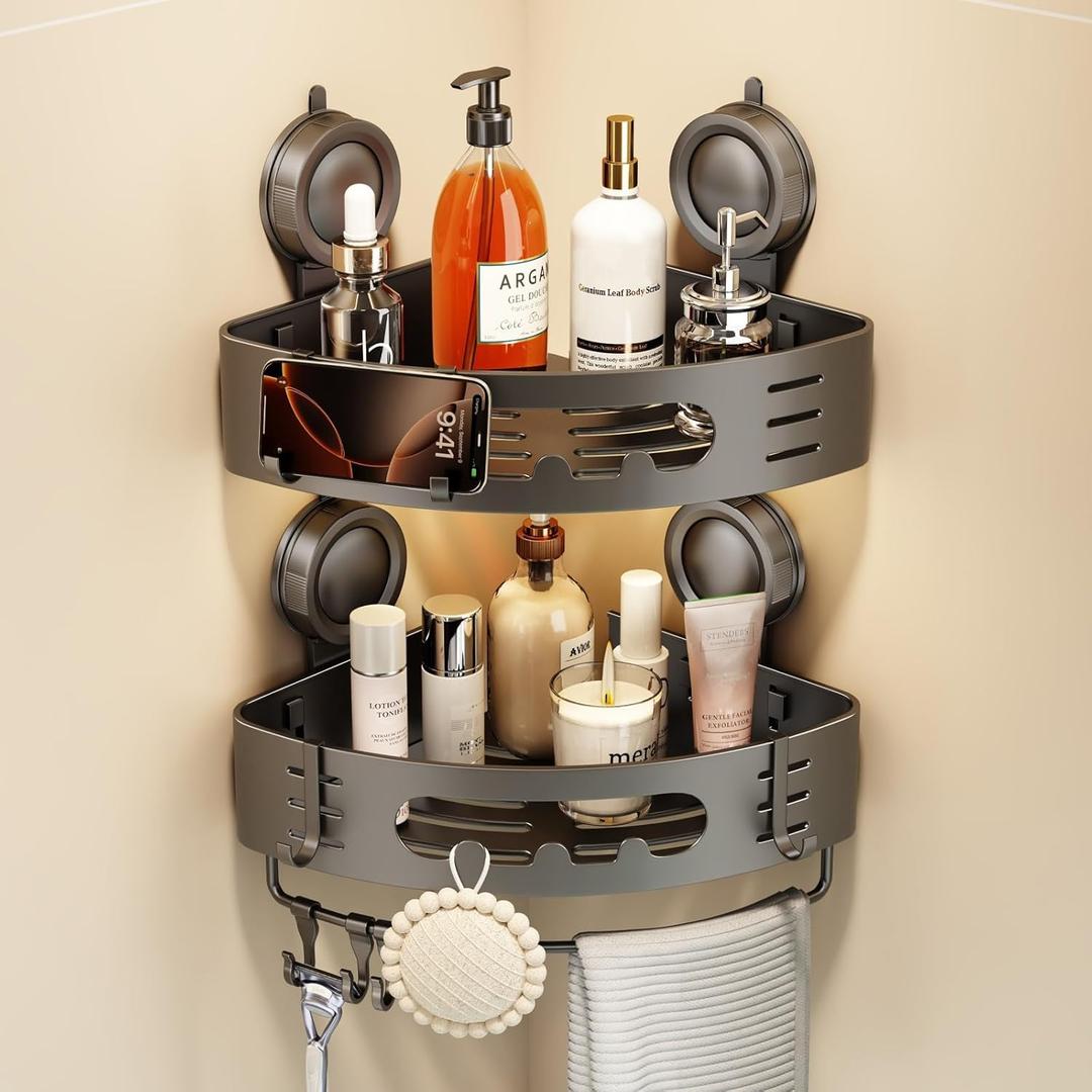 Voldra Corner Shower Caddy Suction Cup, Aluminum Corner Shower Shelves for Wall No Drilling, Large Suction Cup Shower Organizer with Towel Bar & Hooks Removable Bathroom Storage Rack(2 Pack-Gray)