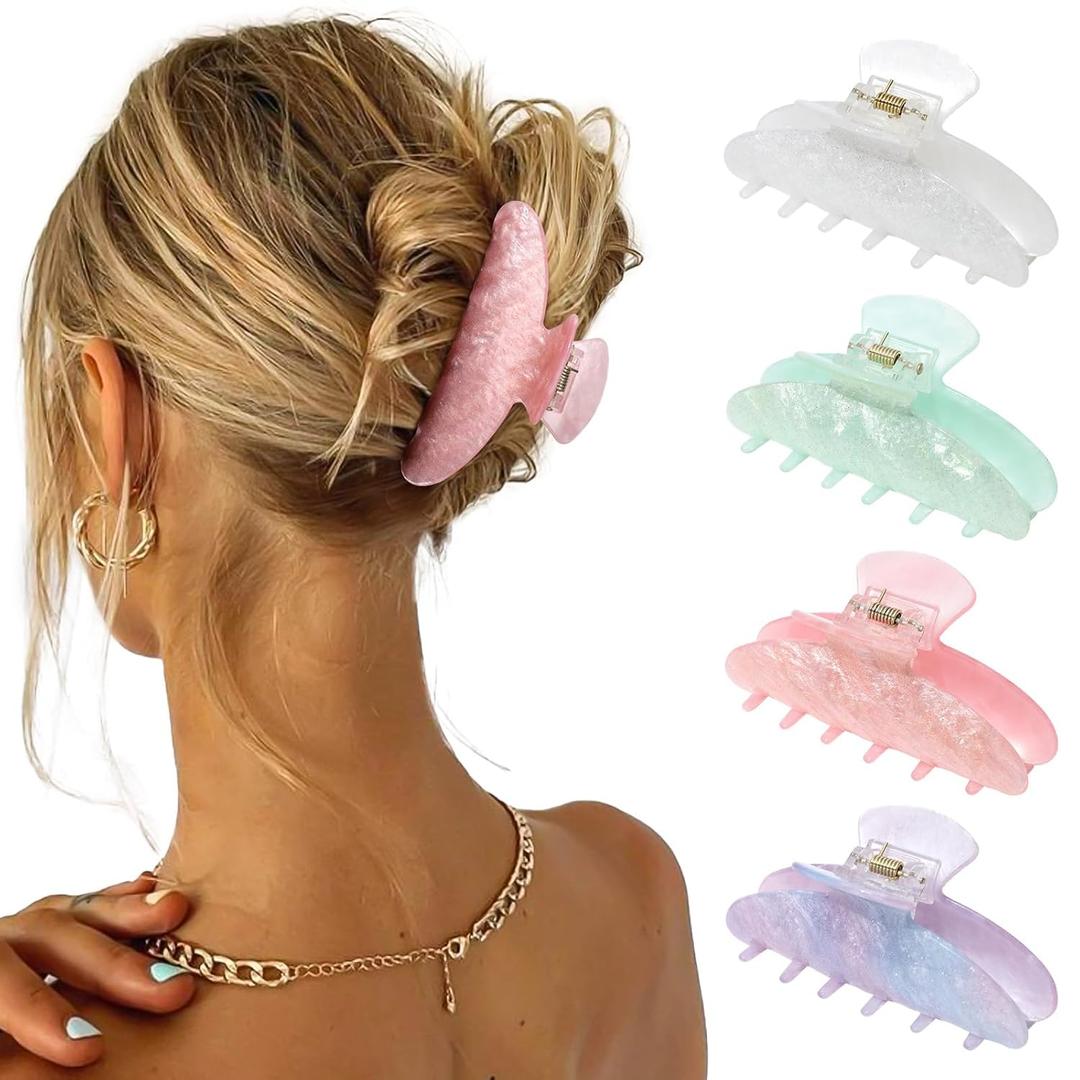 4Pcs Large Hair Claw Clips - Acrylic Big Hair Clips for Thick Hair Strong Hold Hair Jaw Clips Non-slip Banana Hair Barrettes Clips for Women Girls (Sparkle(White/Purple/Pink/Green))
