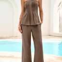Tankaneo Womens 2 Piece Outfits Summer Strapless Tube Tops Wide Leg Pants Cotton Vacation Pleated Matching Lounge Set
