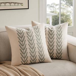 100% Cotton Farmhouse Leaves Throw Pillow Covers Set of 2, 20x20 Inch Green Pastoral Decorative Print Cushion Covers for Sofa Bed Living Room Home Decor