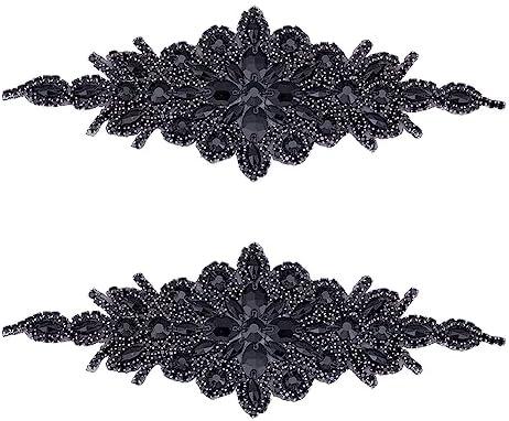 FINGERINSPIRE 1Piece Rhinestone Applique for Dress (Black,9.5x3.7inch) Iron on/Sew Crystal Patch Hotfix Diamond Sewing Appliques for Bridal Dress, Gowns, Headpiece, Belt or Other Item Decoration