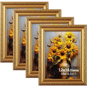 Splinterix 12x16 Picture Frame Gold Vintage, Matted to 8.5x11 Print, 4 Pack
