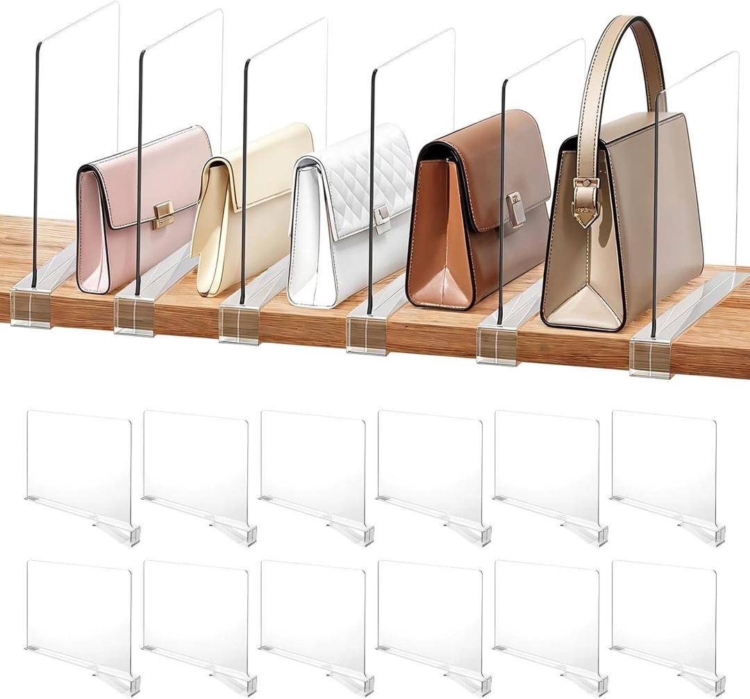 12 Pack Acrylic Shelf Dividers, Clear Shelf Divider Closet Dividers Shelfs Organizer for Bedroom Closet Organizers and Vertical Purse Organizer for Closets, Bedroom