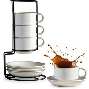 Gomakren 6 Ounce Cappuccino Cups with Saucers and Metal Stand, Stackable Coffee Cup Set of 4, Valentine Porcelain Espresso Cups for Coffee Drinks, Cappuccino, Latte, Americano, Tea, White