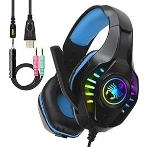 SVYHUOK Pro Gaming Headset for PC PS4 Xbox One Surround Sound Over-Ear Headphones with Mic LED Light Bass Surround Soft Memory Earmuffs for Computer Laptop Switch Games Kid’s Boy’s Teen’s Gifts