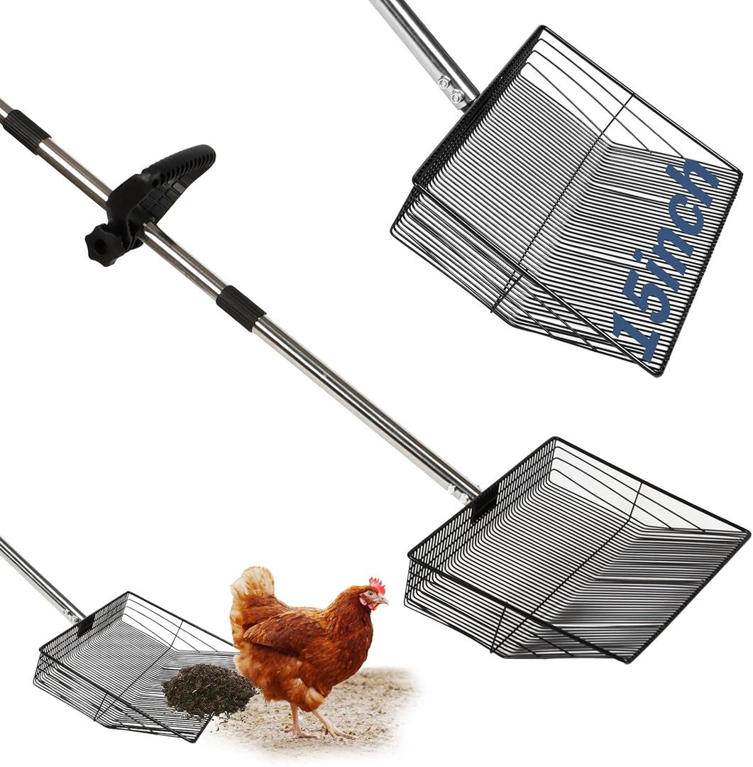 15" Extra-Wide Chicken Poop Scooper  Ergonomic Adjustable Handle (24-70in), Stainless Steel Sifting Shovel Deep Litter Cleaning for Chicken Coops, Goat - Chicken Coop Scoop for Sand, Straw, Hemp