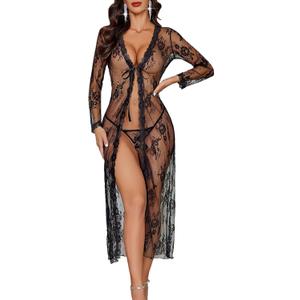 Avidlove Sexy Lace Robe for Women Lingerie Bridal Lace Babydoll Robe Lingerie Sheer Wedding Gown (Black)