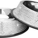 SAVORI Bling Dog Bowls White, 640ML Handmade Bling Rhinestones Stainless Steel Pet Bowls Double Food Water Feeder for Puppy Cats Dogs - Set of 2 (Silver)