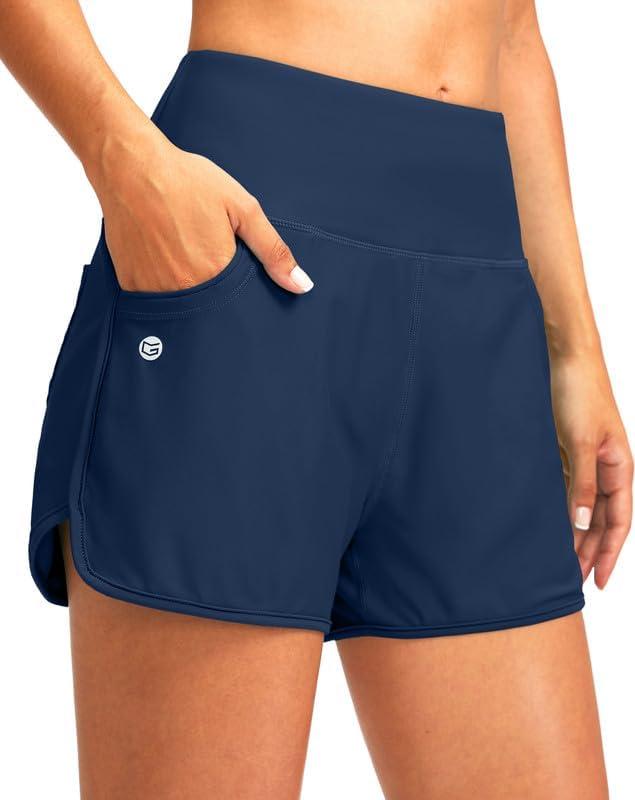 G Gradual Women's 3" High Waisted Swim Board Shorts with Pockets Quick Dry Swimsuit Bottoms Bathing Suit for Women with Liner (Medium, Dark Blue)