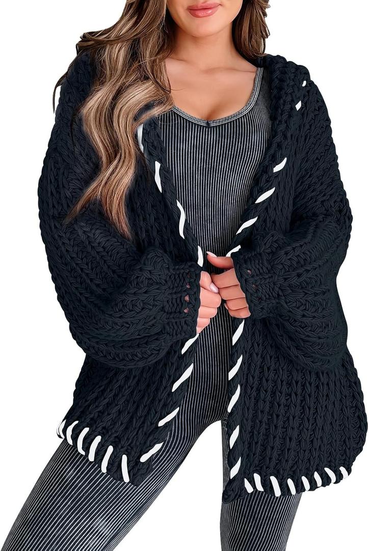 Womens 2024 Hooded Cardigan Sweaters Chunky Knit Stitch Edged Batwing Sleeve Fall Winter Loose Outerwear Coats Black (Black, L)